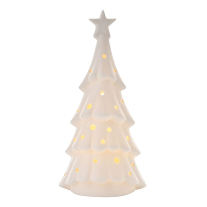 Decorative ceramic Christmas tree with a star on top against a white background
