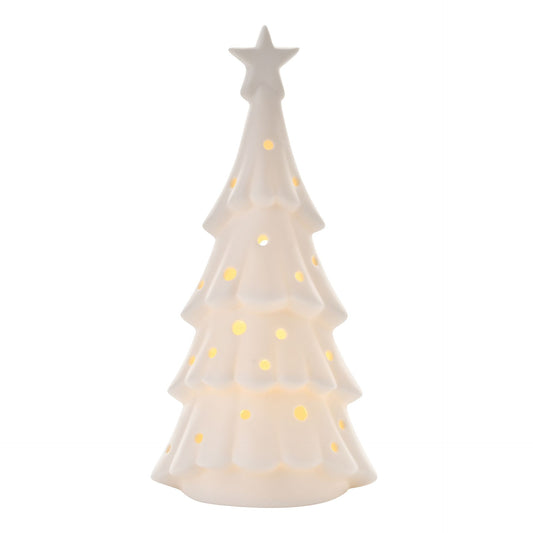 Decorative ceramic Christmas tree with a star on top against a white background