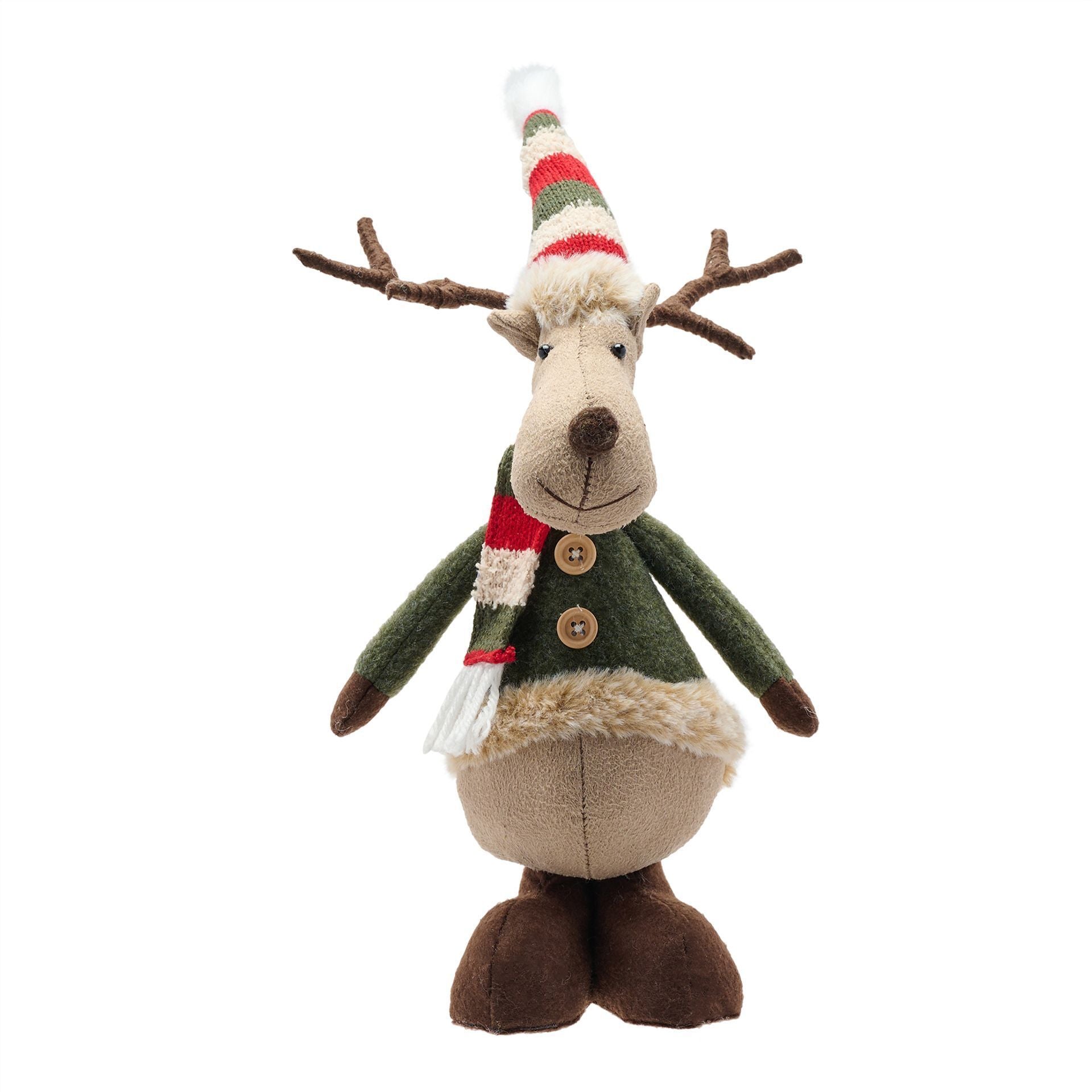 Decorative reindeer figure with a green sweater and red scarf on a white background