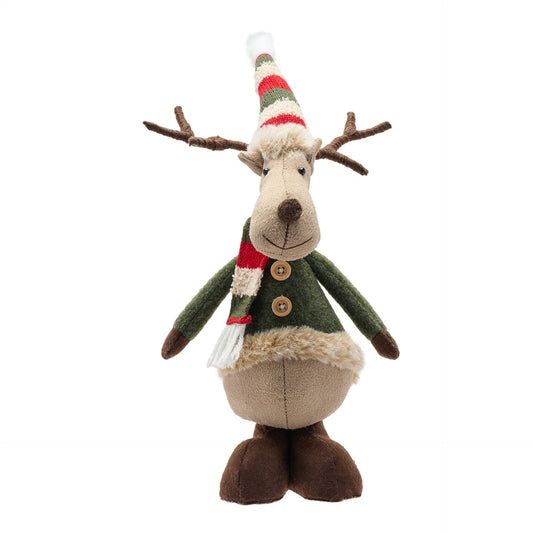 Decorative reindeer figure with a green sweater and red scarf on a white background