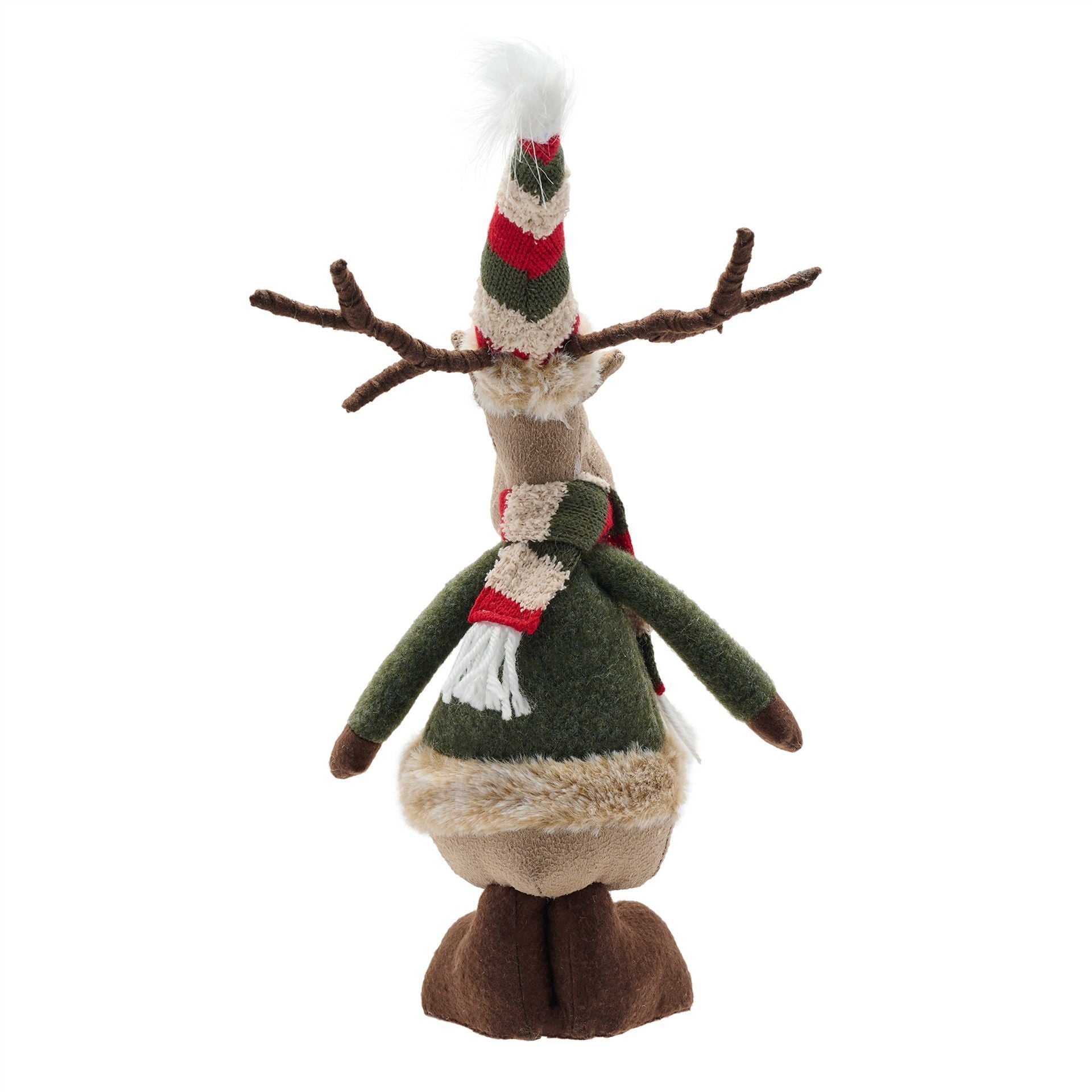 Decorative reindeer figure with a green sweater and red scarf on a white background