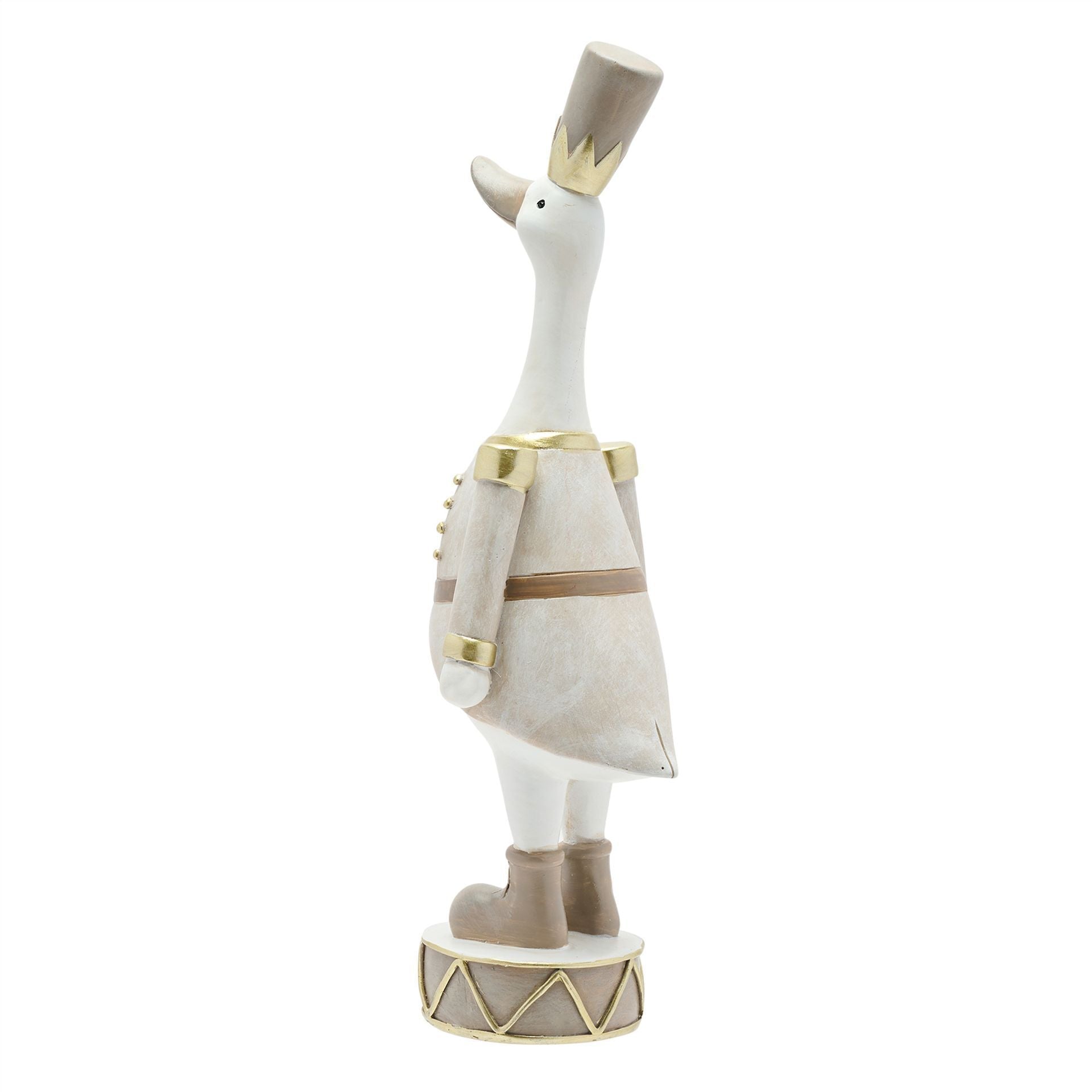 Decorative figurine of a goose with a crown and outfit on a white background