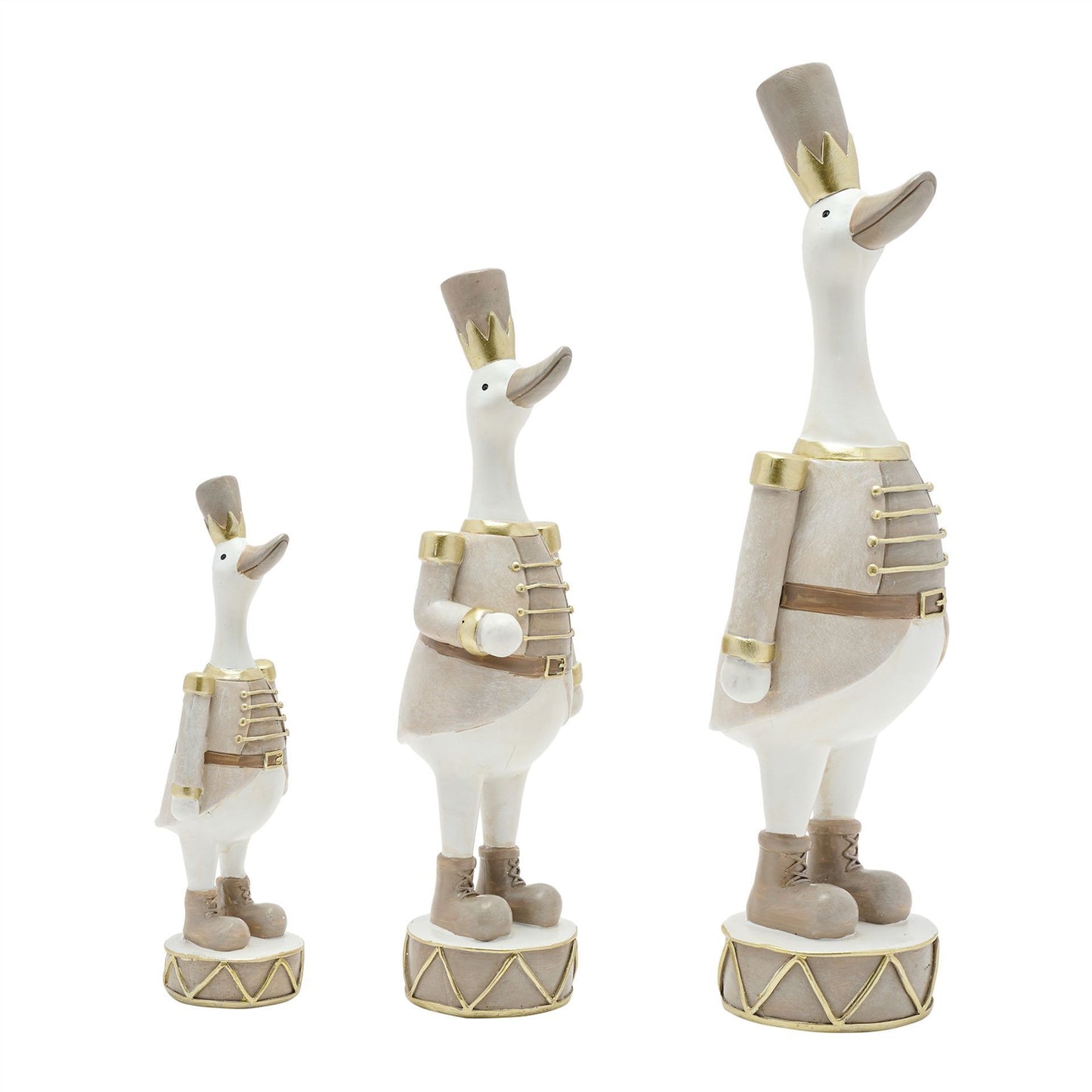 Three decorative duck statues with gold and brown accents on a white background