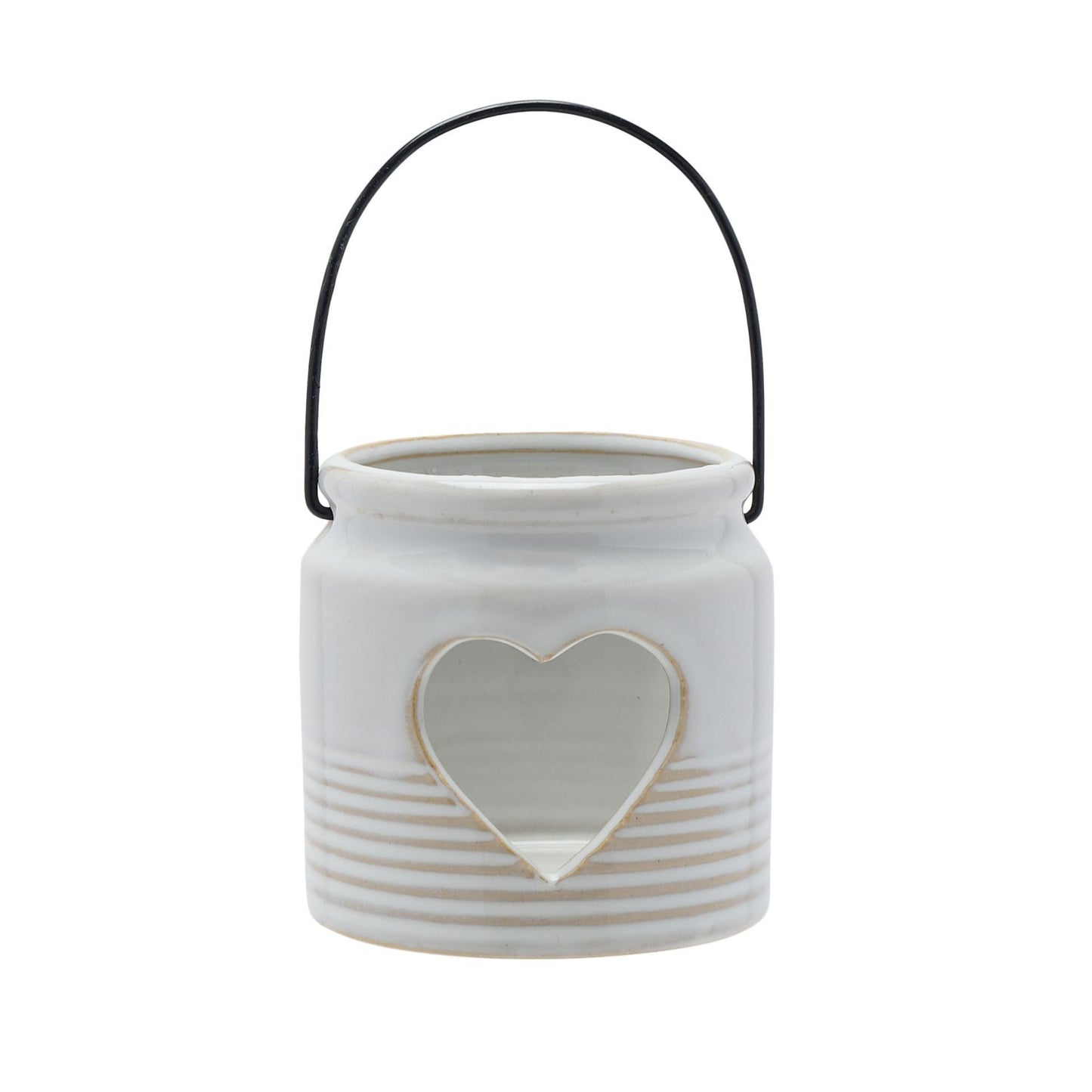 White ceramic jar with heart-shaped cutout and black handle on a white background