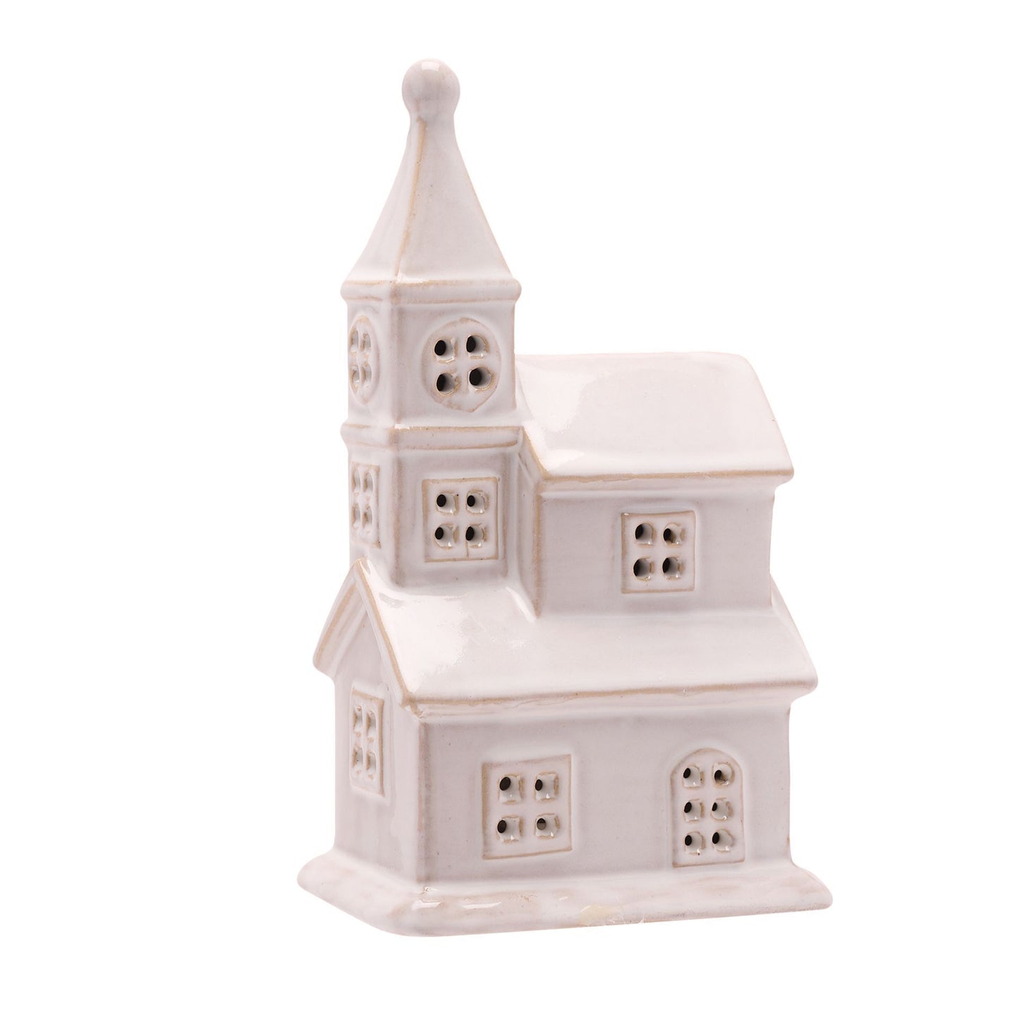 White ceramic church-shaped lantern on a white background