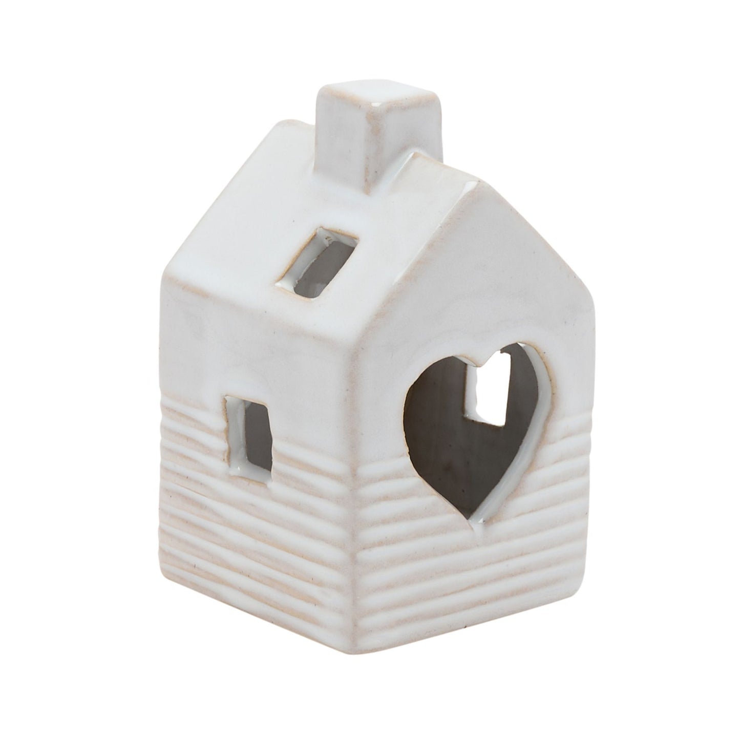 Ceramic house-shaped lantern with a heart cutout on a white background