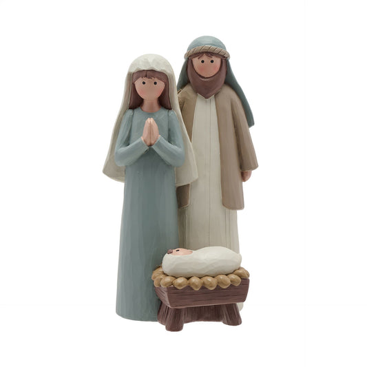 Figurines of Mary and Joseph with a baby Jesus in a manger on a white background