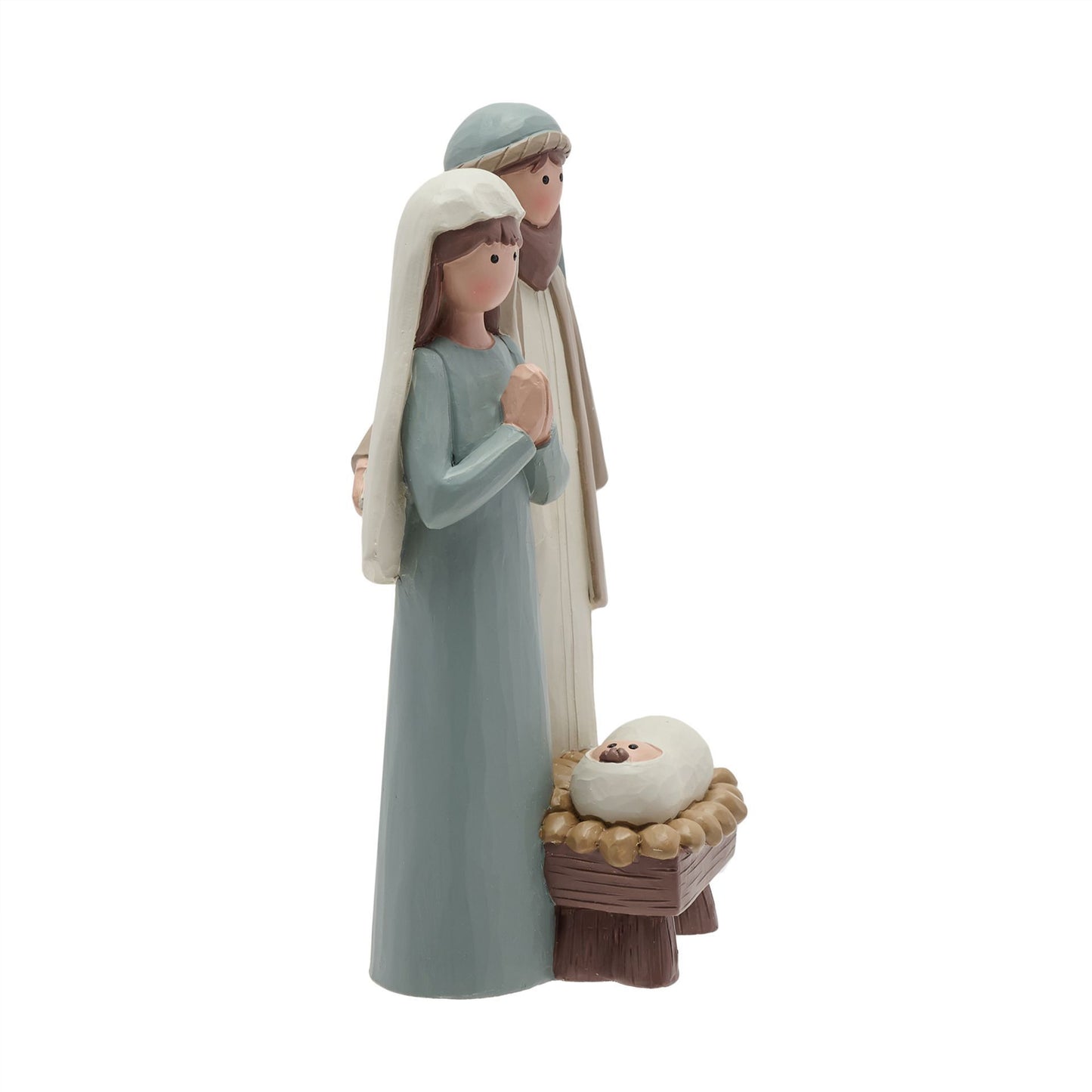 Figurine of two women standing next to a manger with a baby in it on a white background