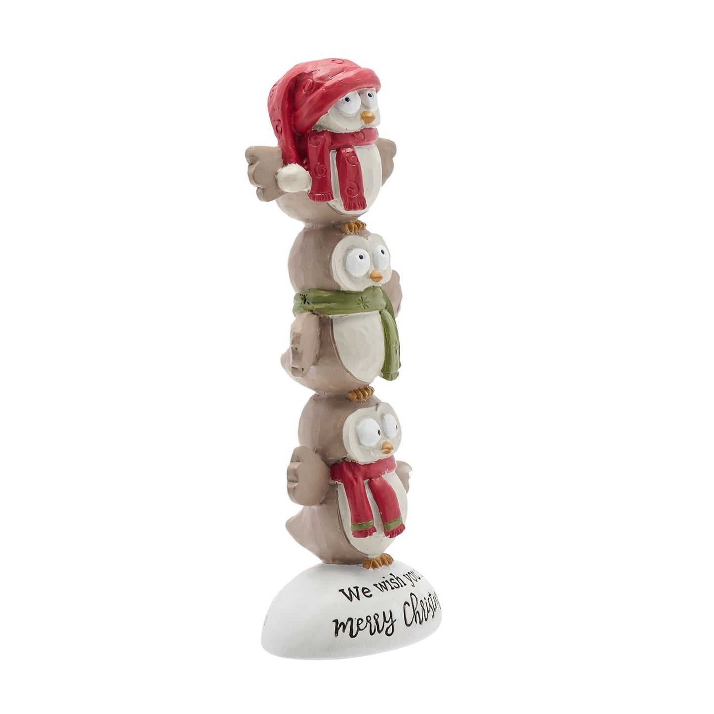 Stack of three penguin figurines with scarves and a hat on a white base with 'Merry Christmas' text.