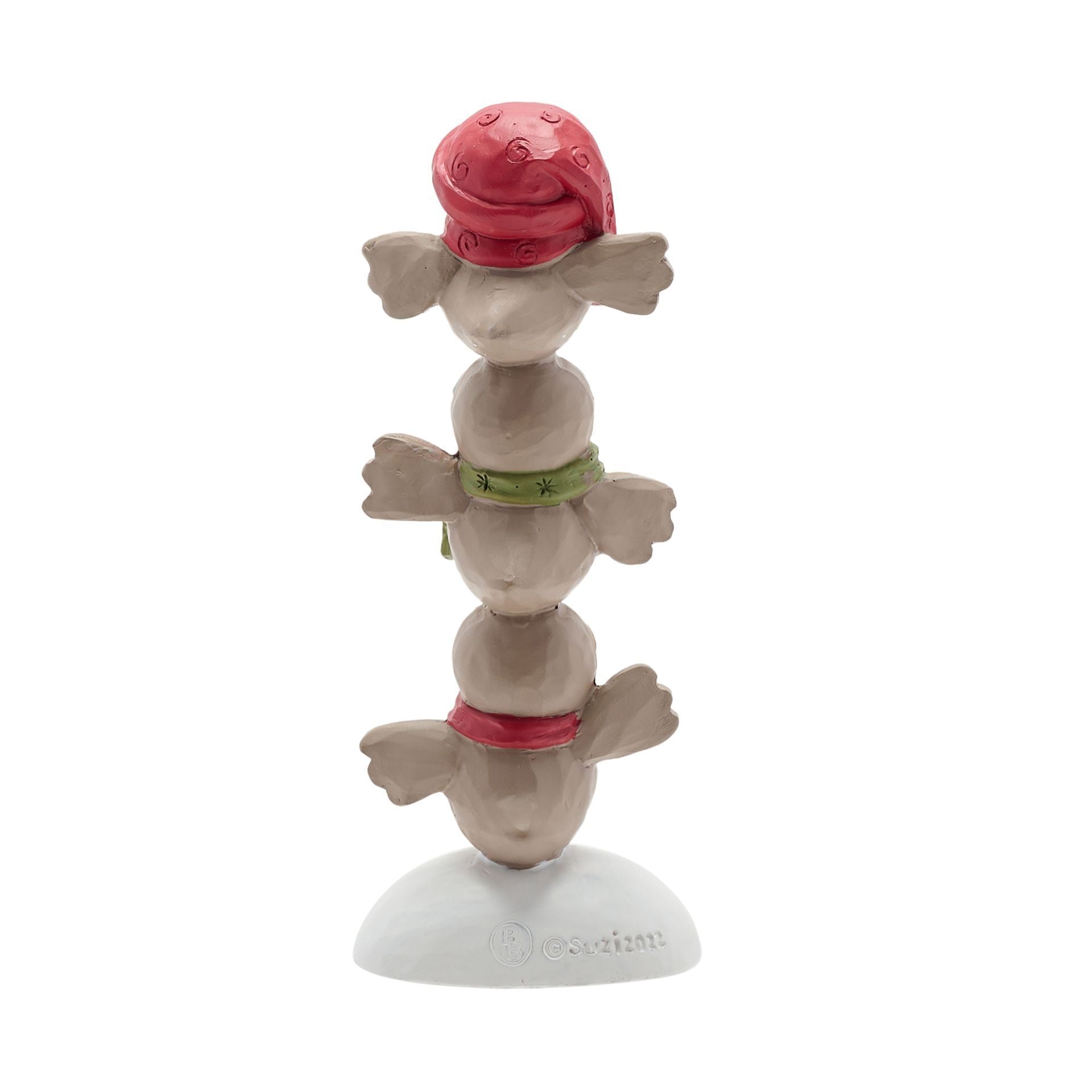 Stack of three ceramic figurines with colorful hats on a white background