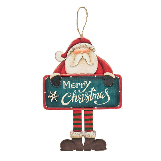 Decorative Christmas ornament with Santa Claus holding a 'Merry Christmas' sign on a white background.