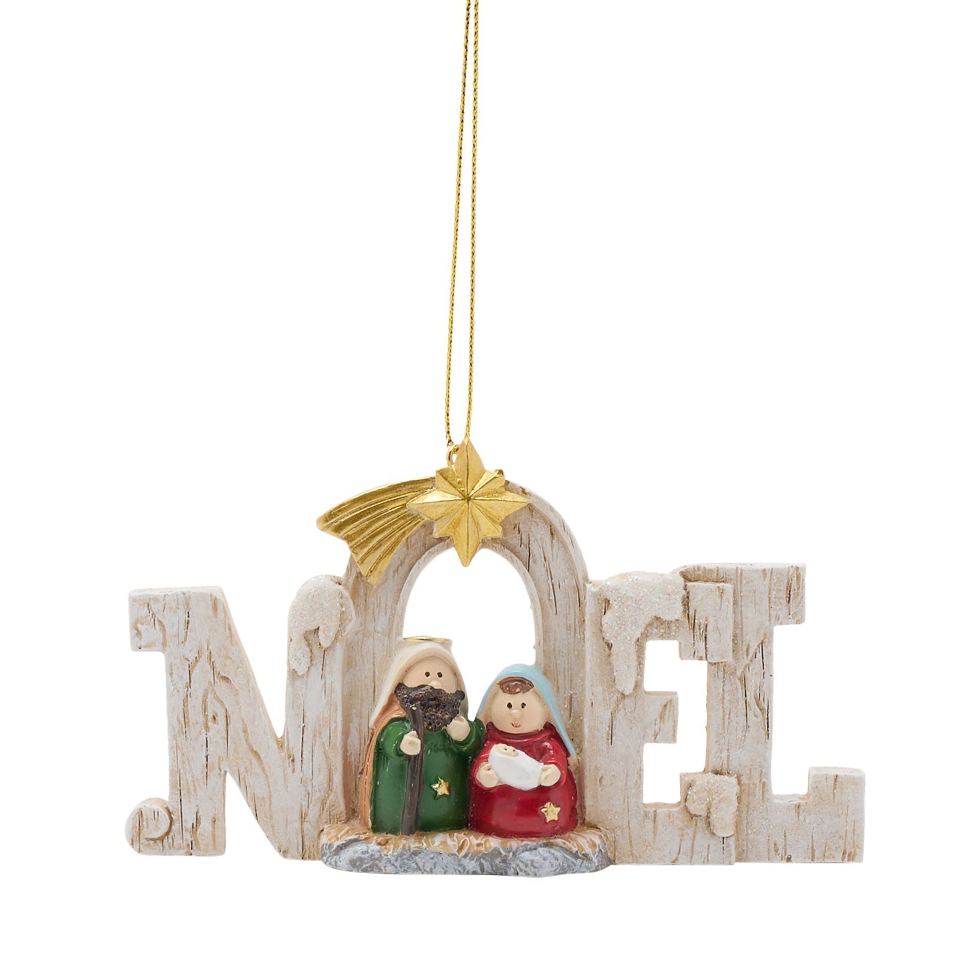 Decorative Christmas ornament with 'Noel' and nativity scene on a white background