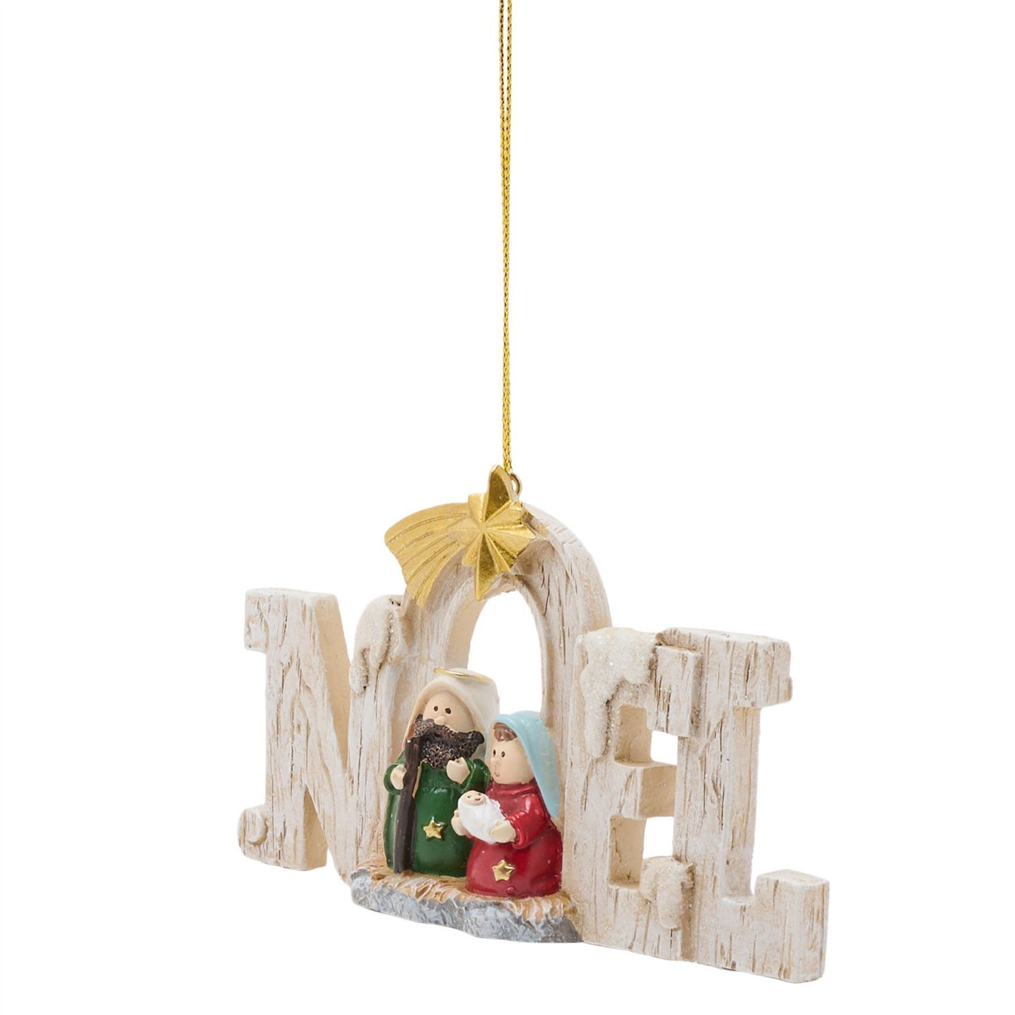 Decorative Christmas ornament with 'Noel' text and nativity scene on a white background