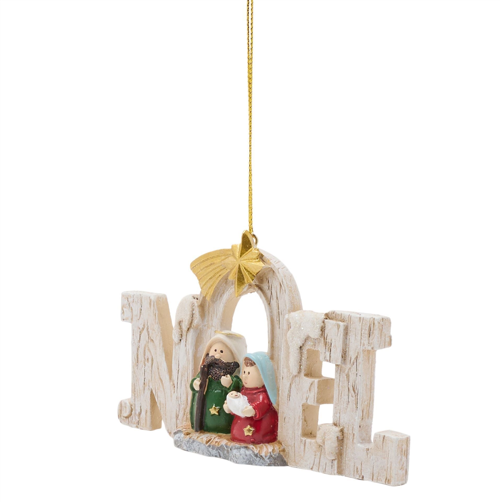 Decorative Christmas ornament with 'Noel' text and nativity scene on a white background