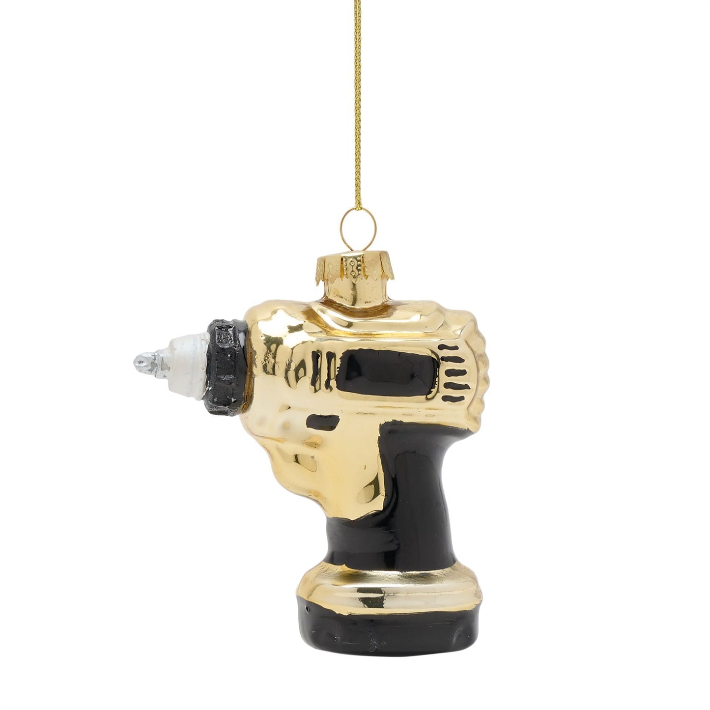 Decorative drill ornament with gold and black design on a white background