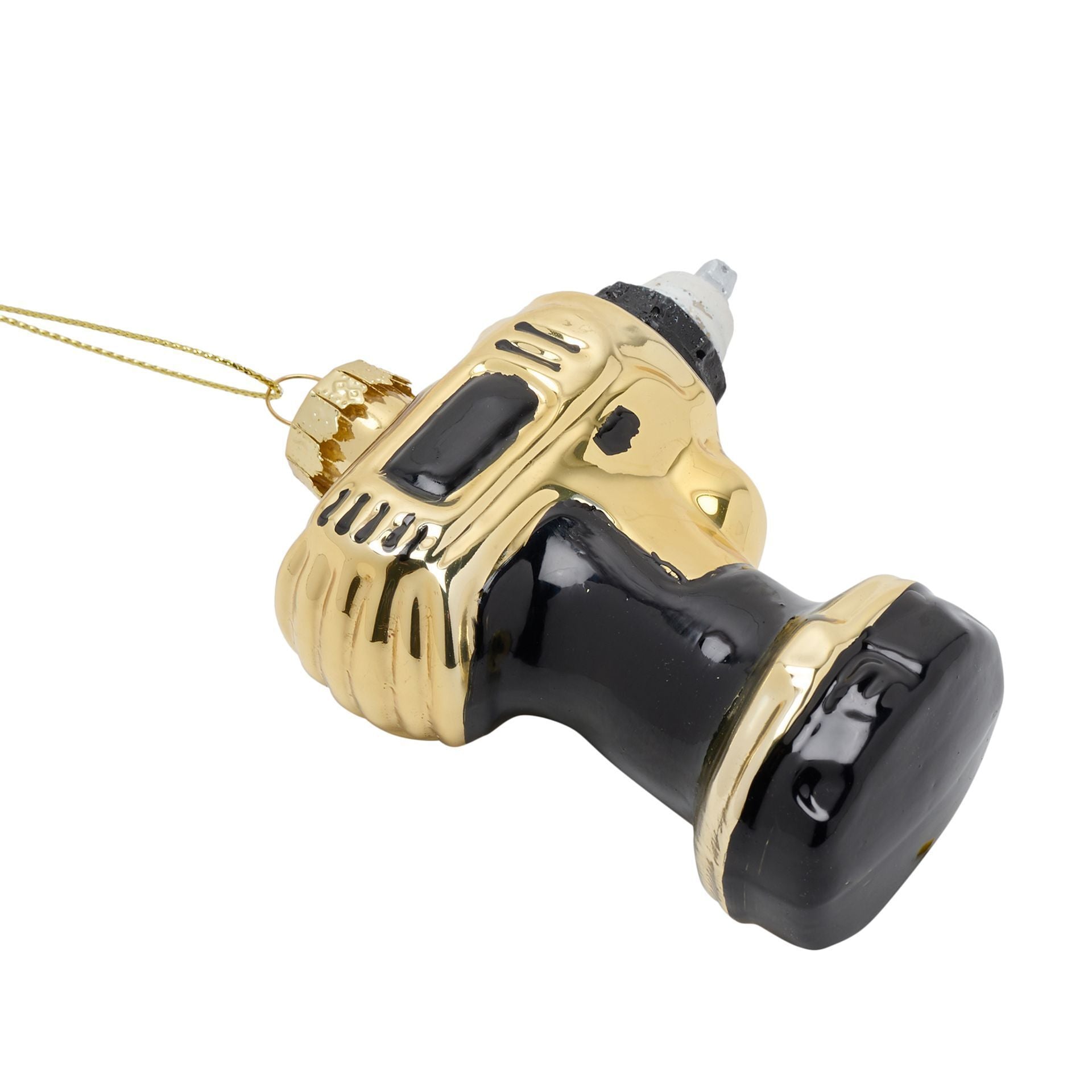 Decorative drill ornament with gold and black design on a white background