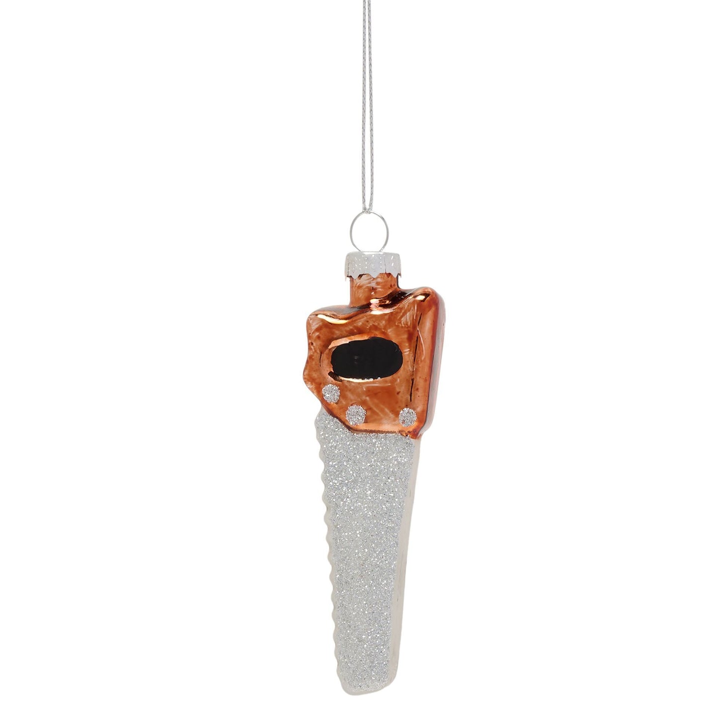 Decorative saw-shaped ornament with a copper cap and silver base on a white background