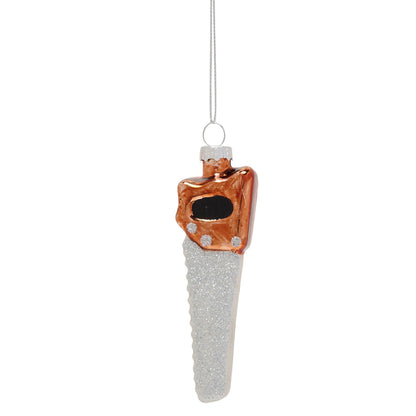 Decorative saw-shaped ornament with a copper cap and silver base on a white background