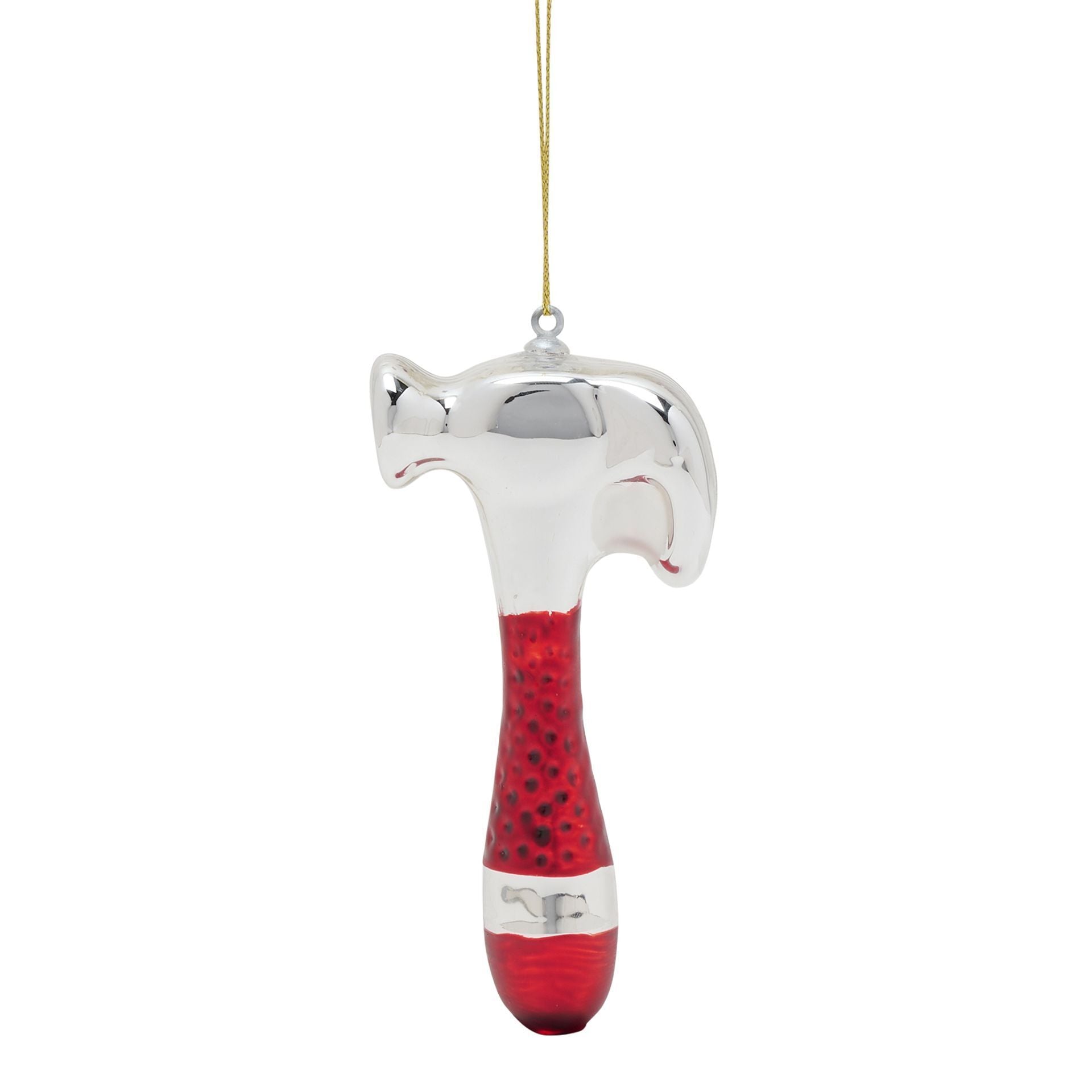 Decorative hammer ornament with red handle and silver head on a white background