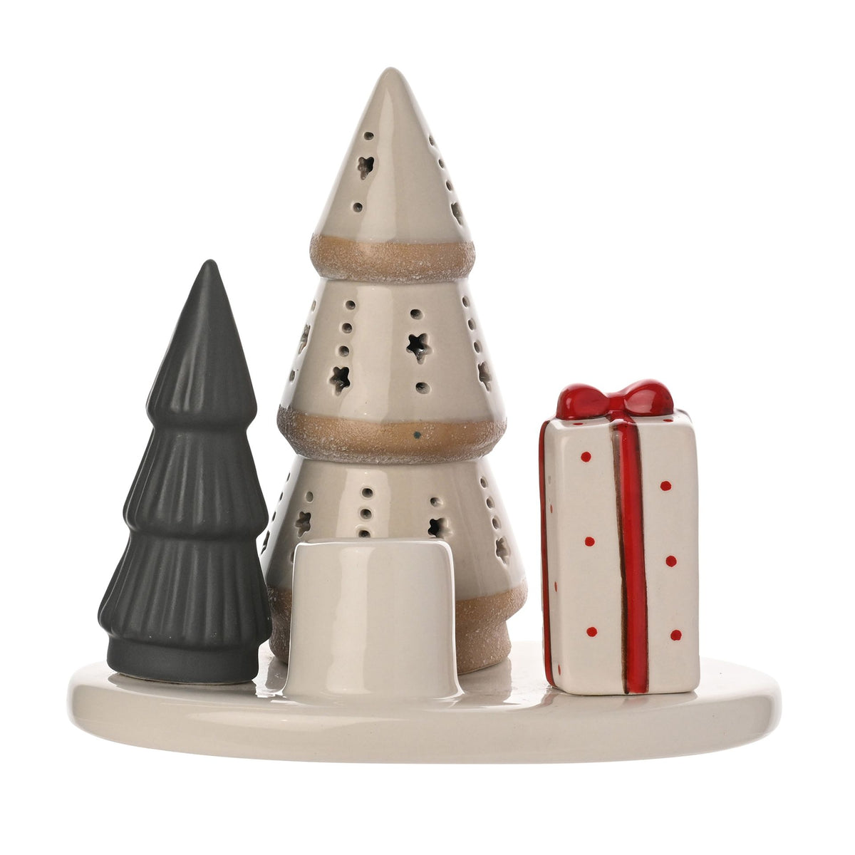 Set of ceramic Christmas trees and a gift box on a white background