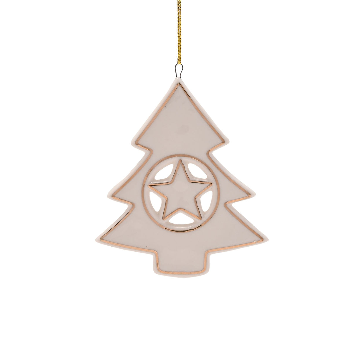 Decorative Christmas tree ornament with a star cutout on a white background