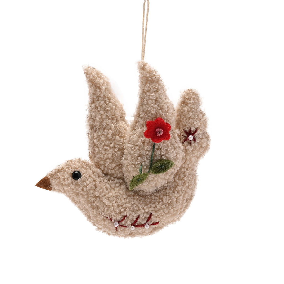 Hanging dove decoration with a red flower on a white background