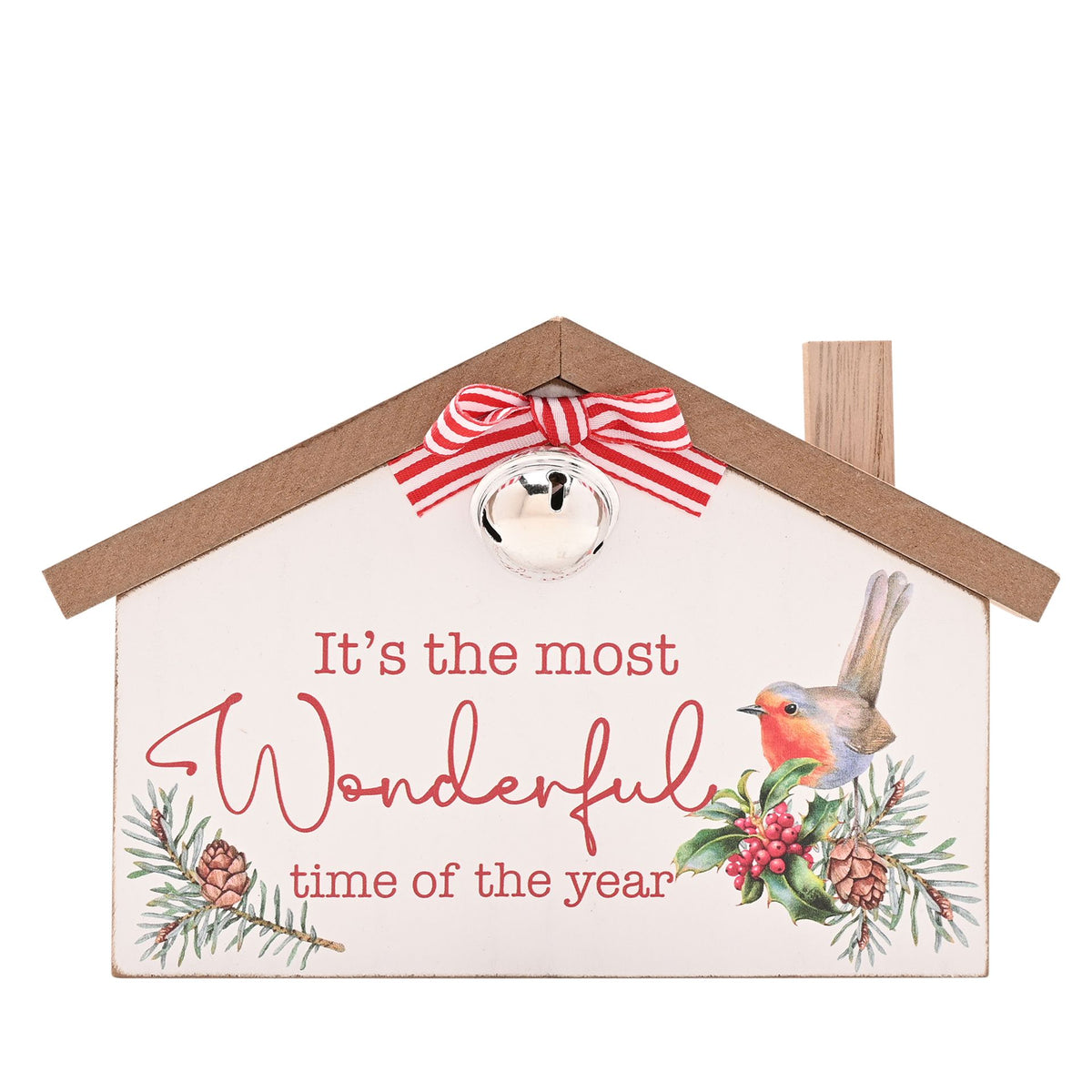 Decorative sign with a bell, bird illustration, and Christmas text on a white background