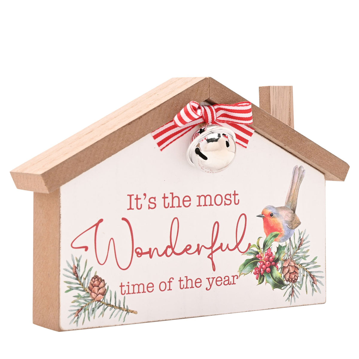 Decorative wooden house-shaped sign with a robin, bell, and festive text on a white background