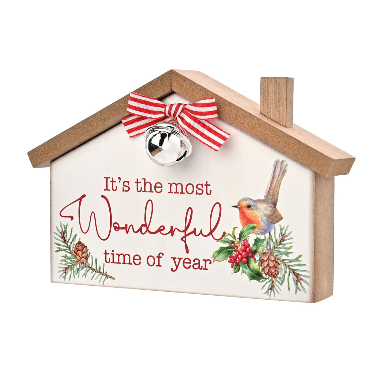 Decorative wooden sign with a robin, bow, and bell on a white background
