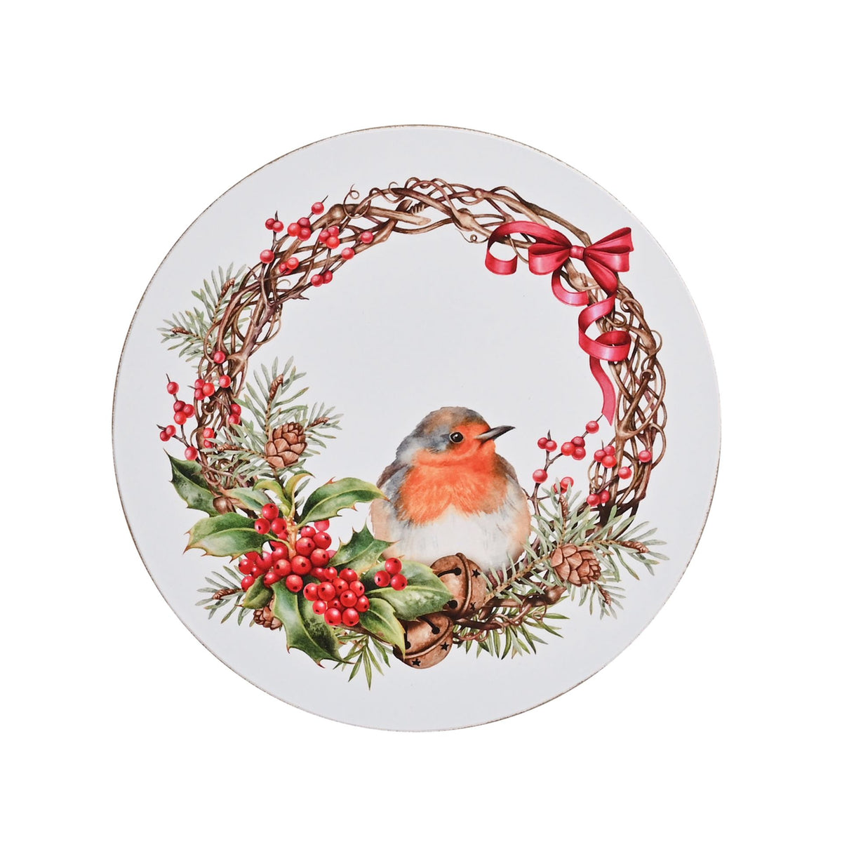White coaster with Robin and Christmas decoration