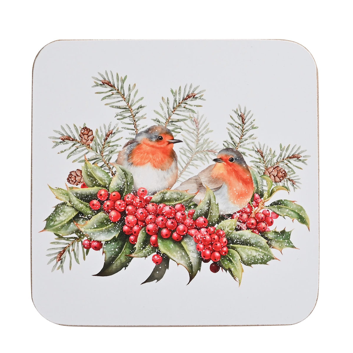 White coaster with 2 Robins and Christmas decoration