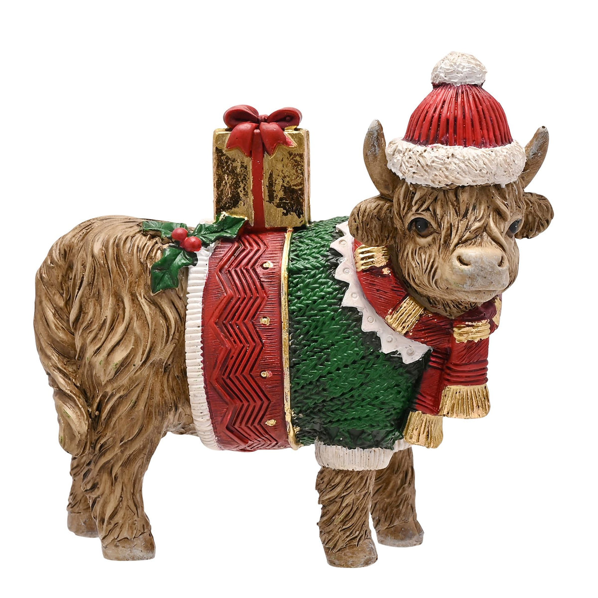 Christmas themed Highland Cow on a white background