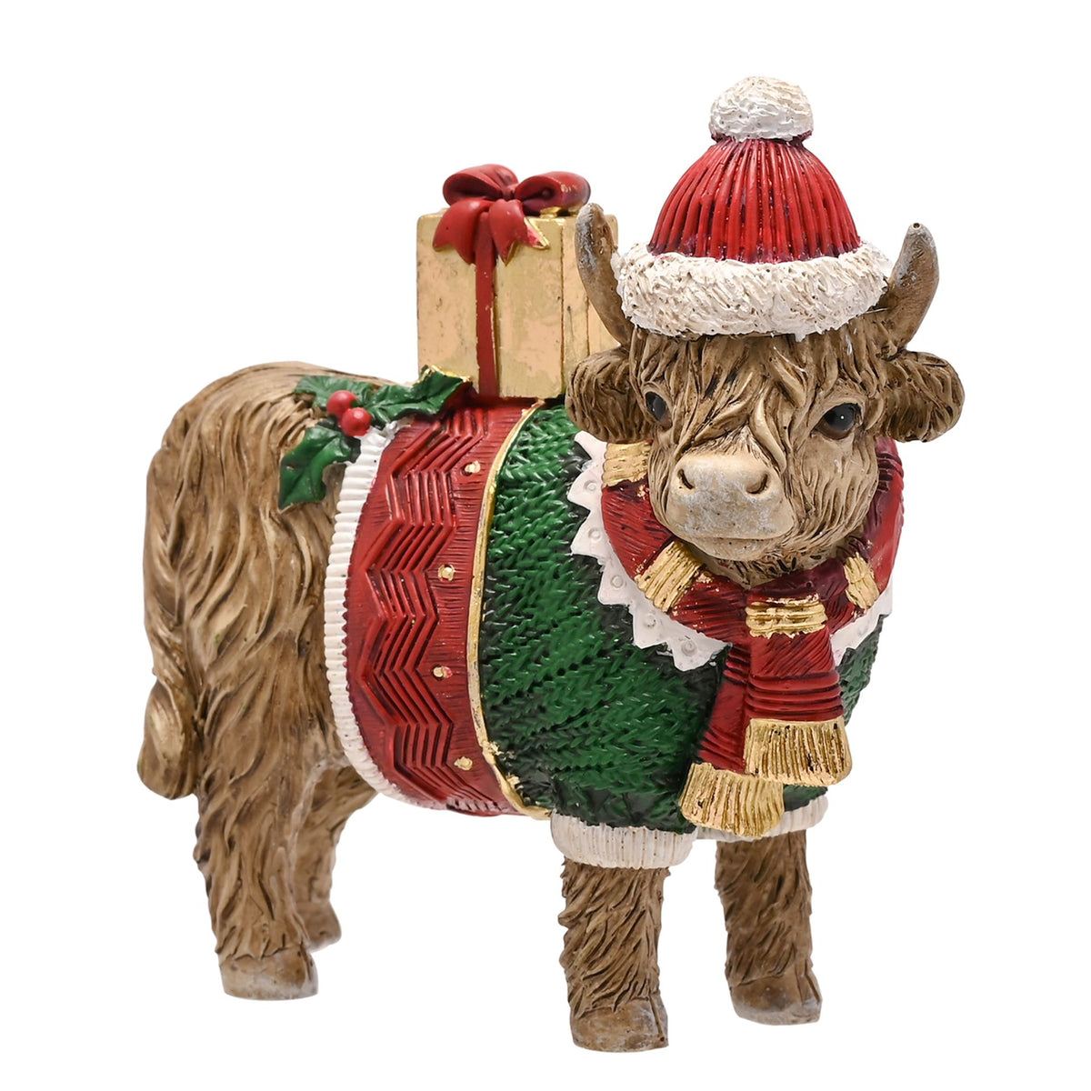 Christmas themed Highland Cow on a white background