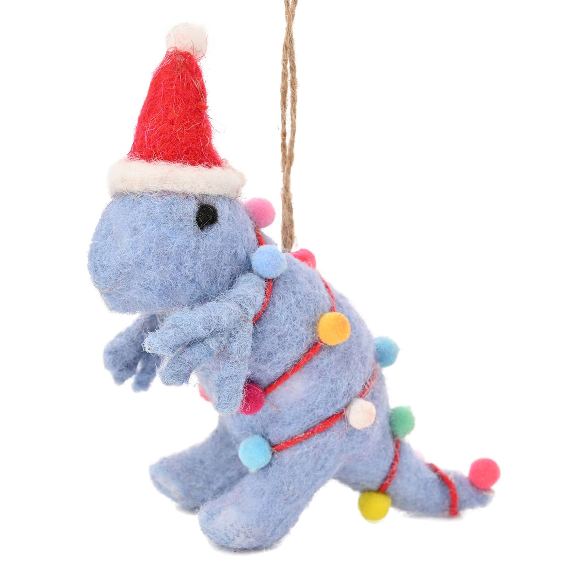 Plush elephant ornament with a Santa hat and colorful lights on a white background