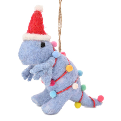 Plush elephant ornament with a Santa hat and colorful lights on a white background