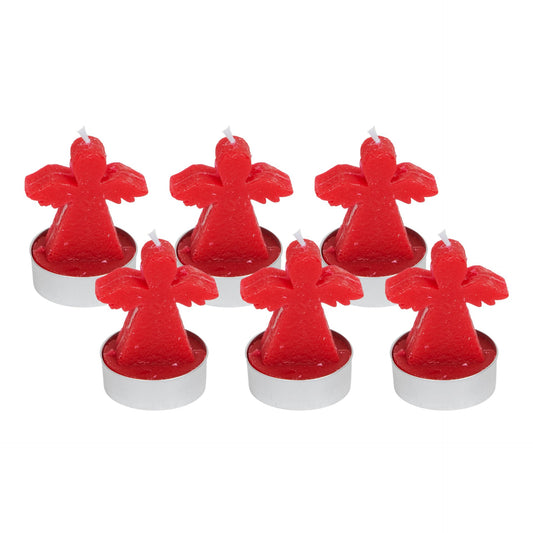 Red angel-shaped candles on white bases against a white background