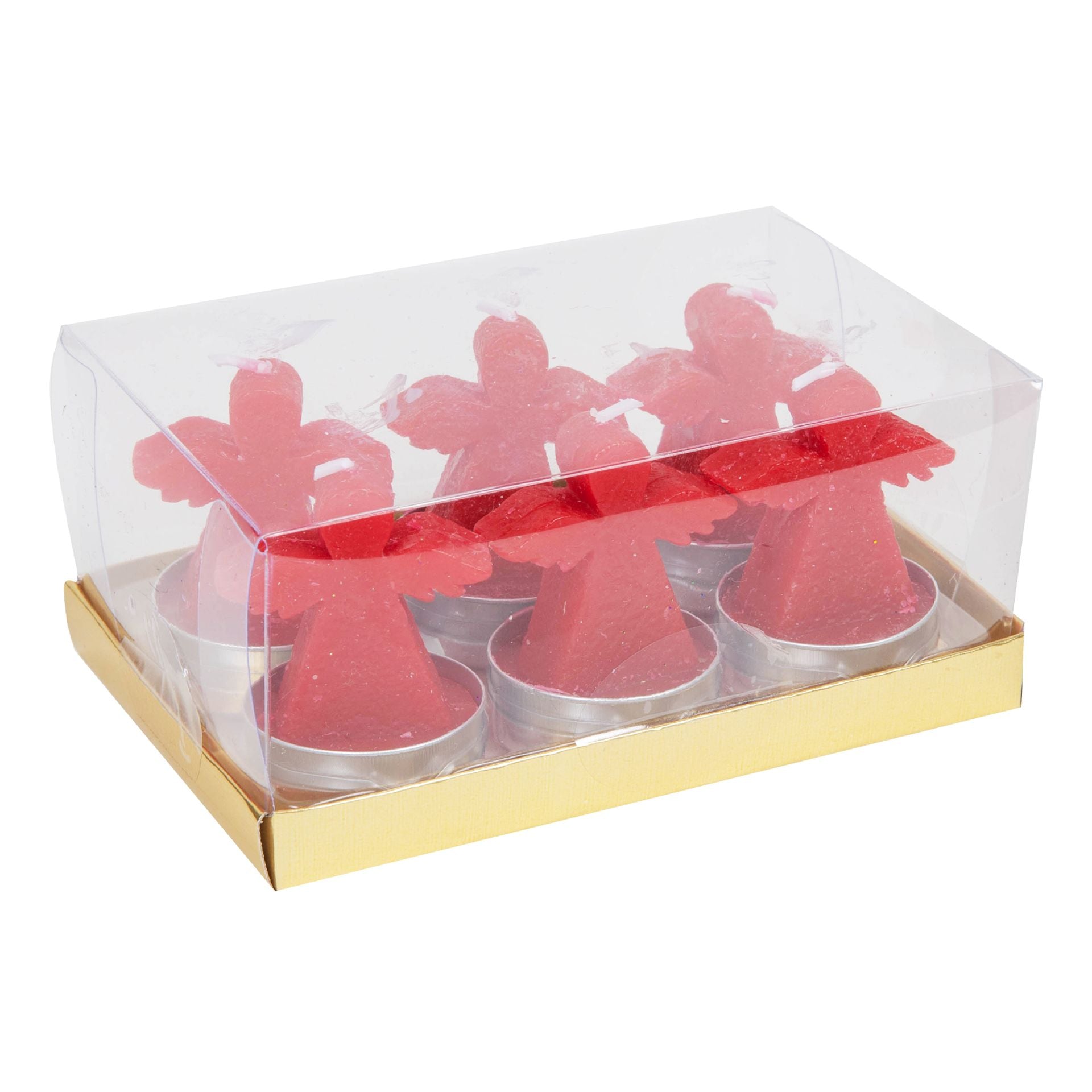Red candle holders in a clear box with gold base
