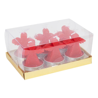 Red candle holders in a clear box with gold base