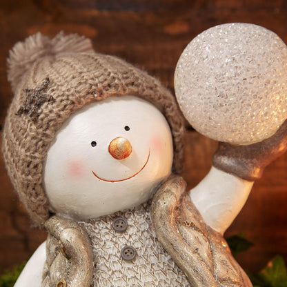 Decorative snowman figurine with a brown knitted hat and holding a light bulb against a blurred background.