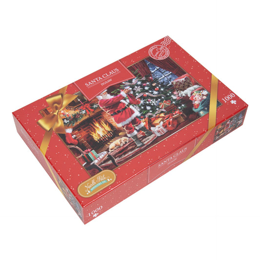 Jigsaw puzzle box featuring Santa Claus and Christmas-themed design on a white background