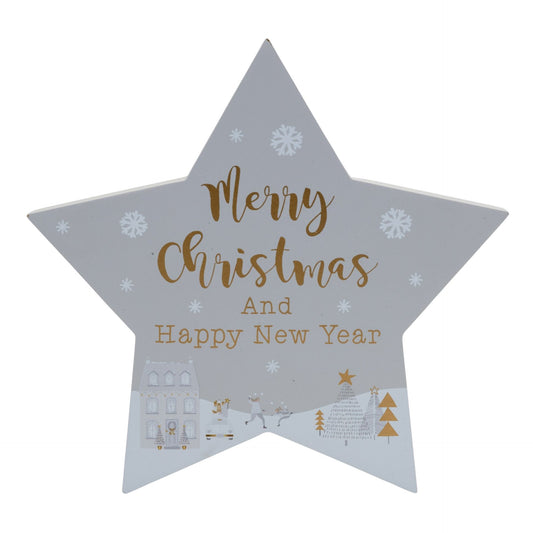 Star-shaped Christmas decoration with 'Merry Christmas and Happy New Year' text on a gray background.