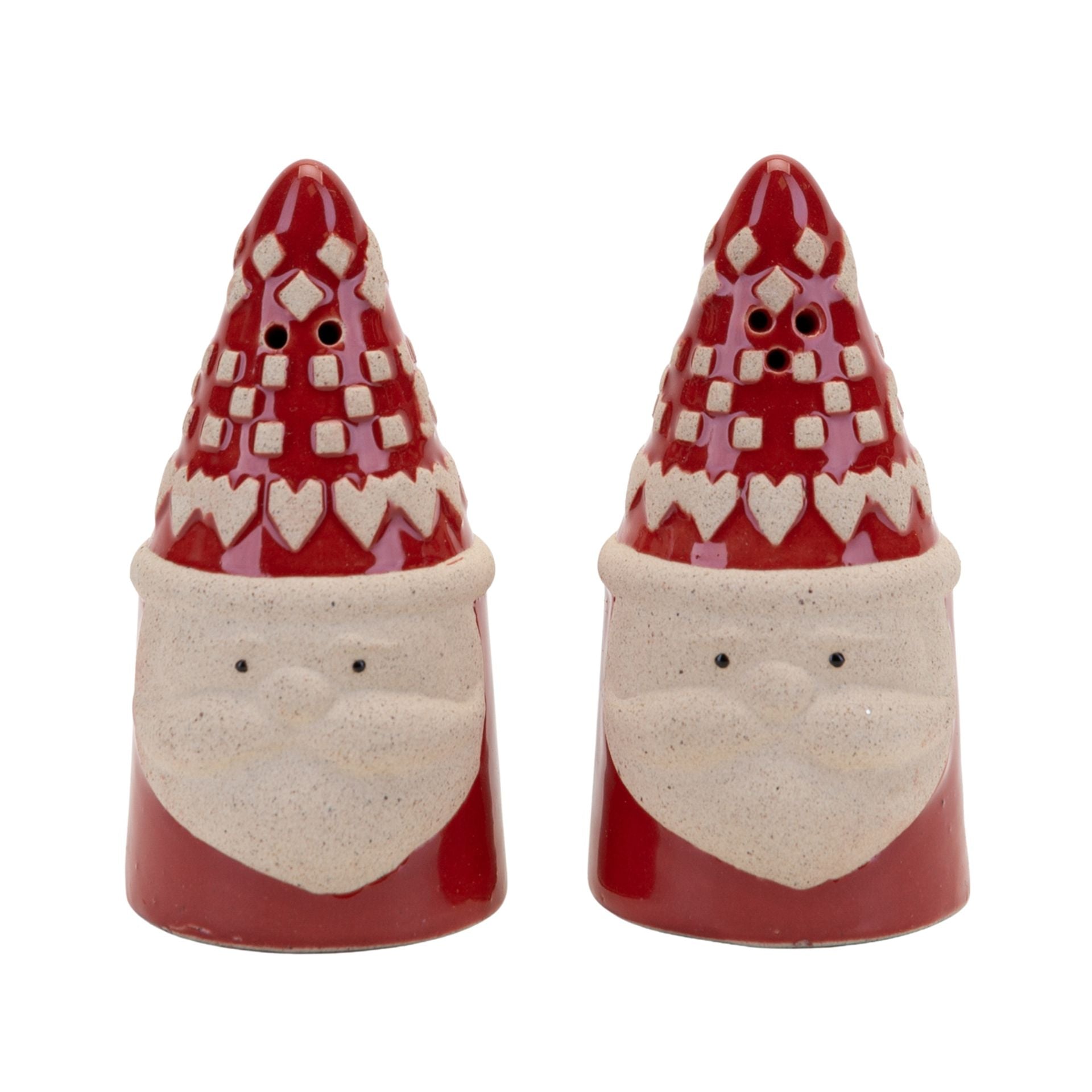 Two ceramic santas with red checkered hats and white beards on a white background