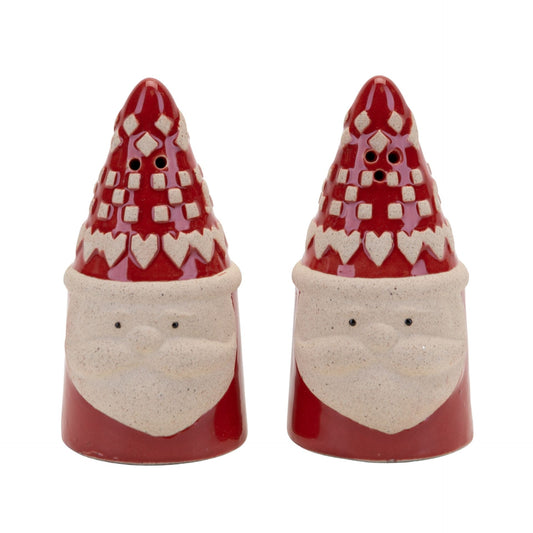 Two ceramic santas with red checkered hats and white beards on a white background