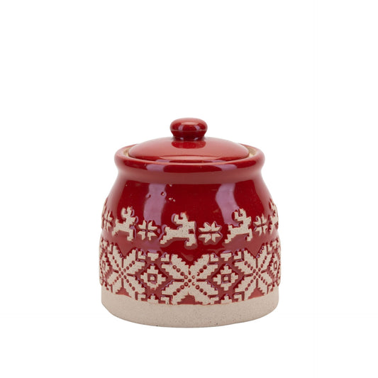 Red ceramic jar with white pattern on a white background