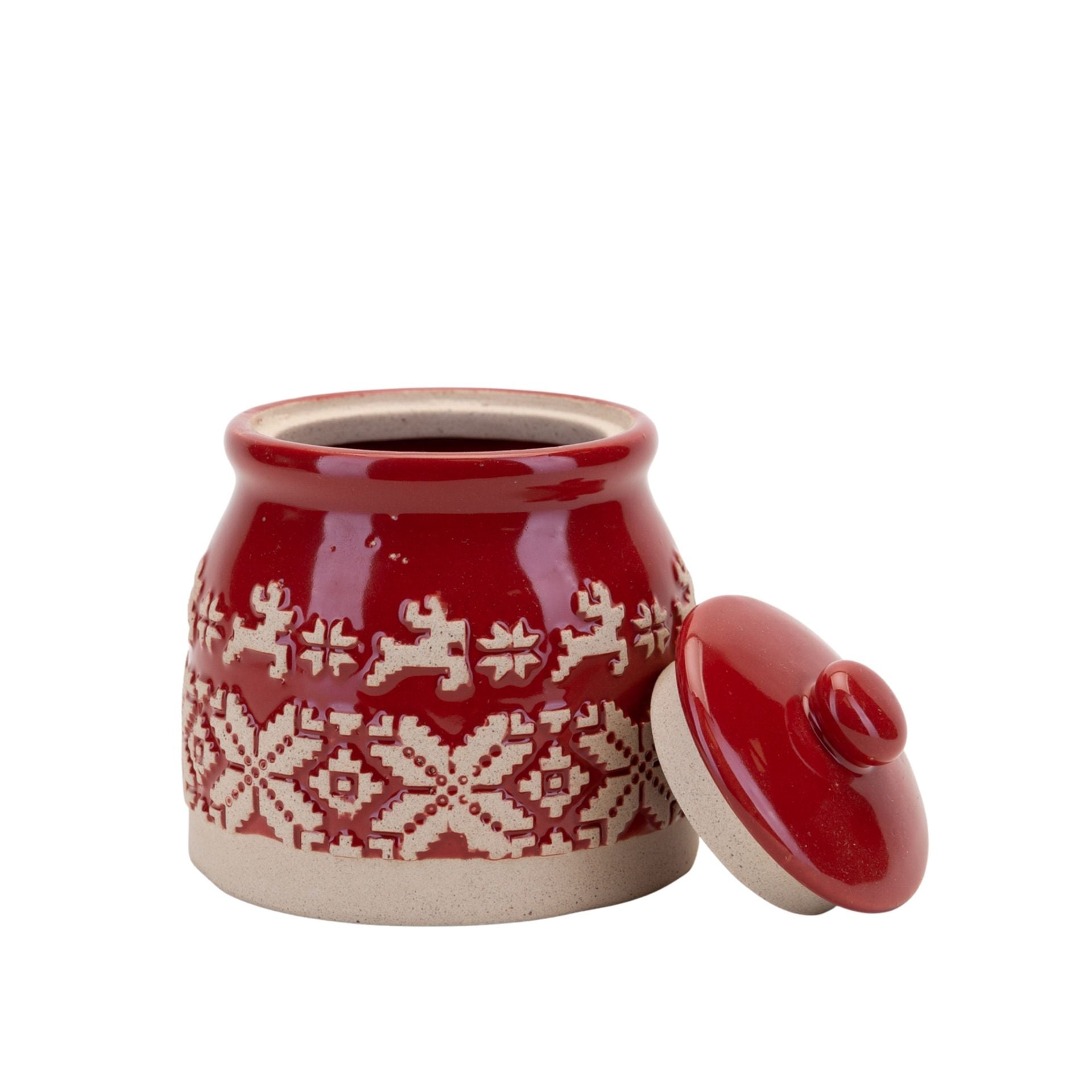 Red ceramic jar with white pattern on a white background