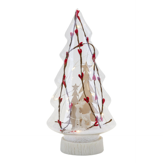 Decorative Christmas tree with lights and red berries on a white background