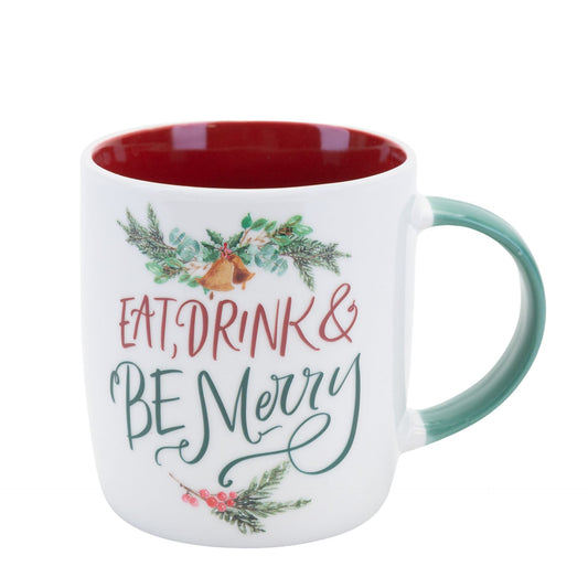 White mug with red interior, green handle, and Christmas-themed text and decorations on a white background.