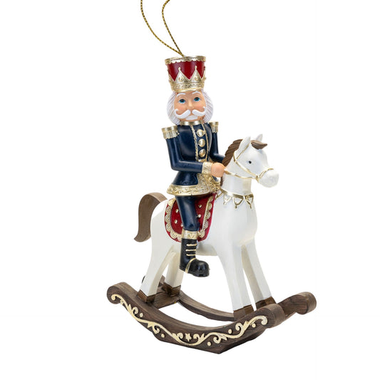 Decorative ornament of a king on a rocking horse with a crown and royal attire.