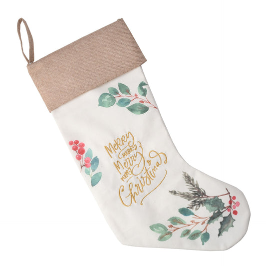 Christmas stocking with decorative elements and text on a white background