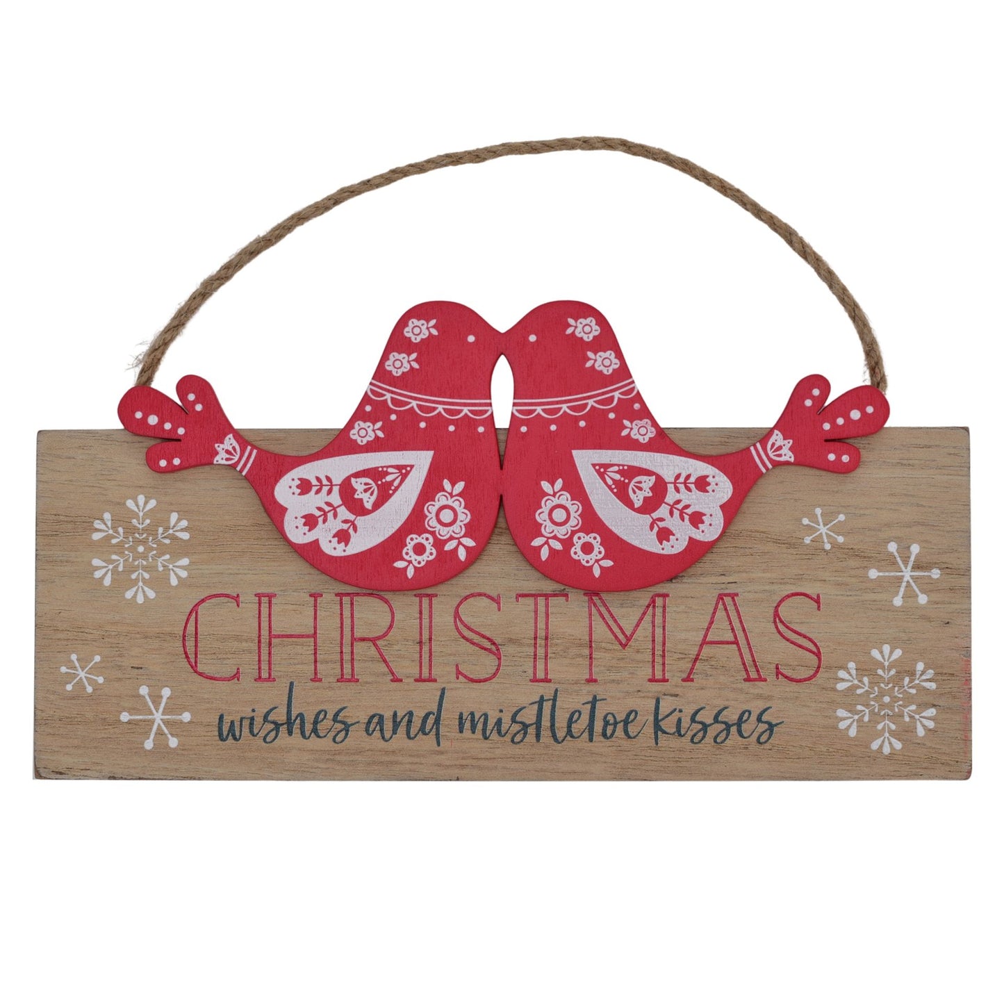 Wooden Christmas sign with red and white design and text on a white background